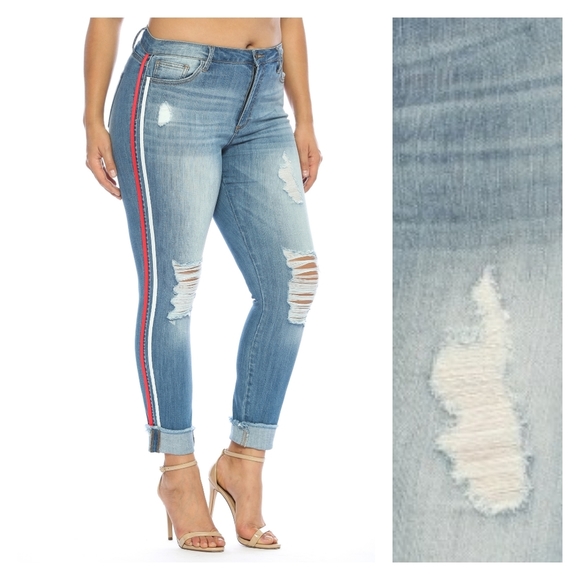 ♥️14 16 18 Plus♥️Mid Destroyed Crop Racer Stripe - Picture 2 of 8